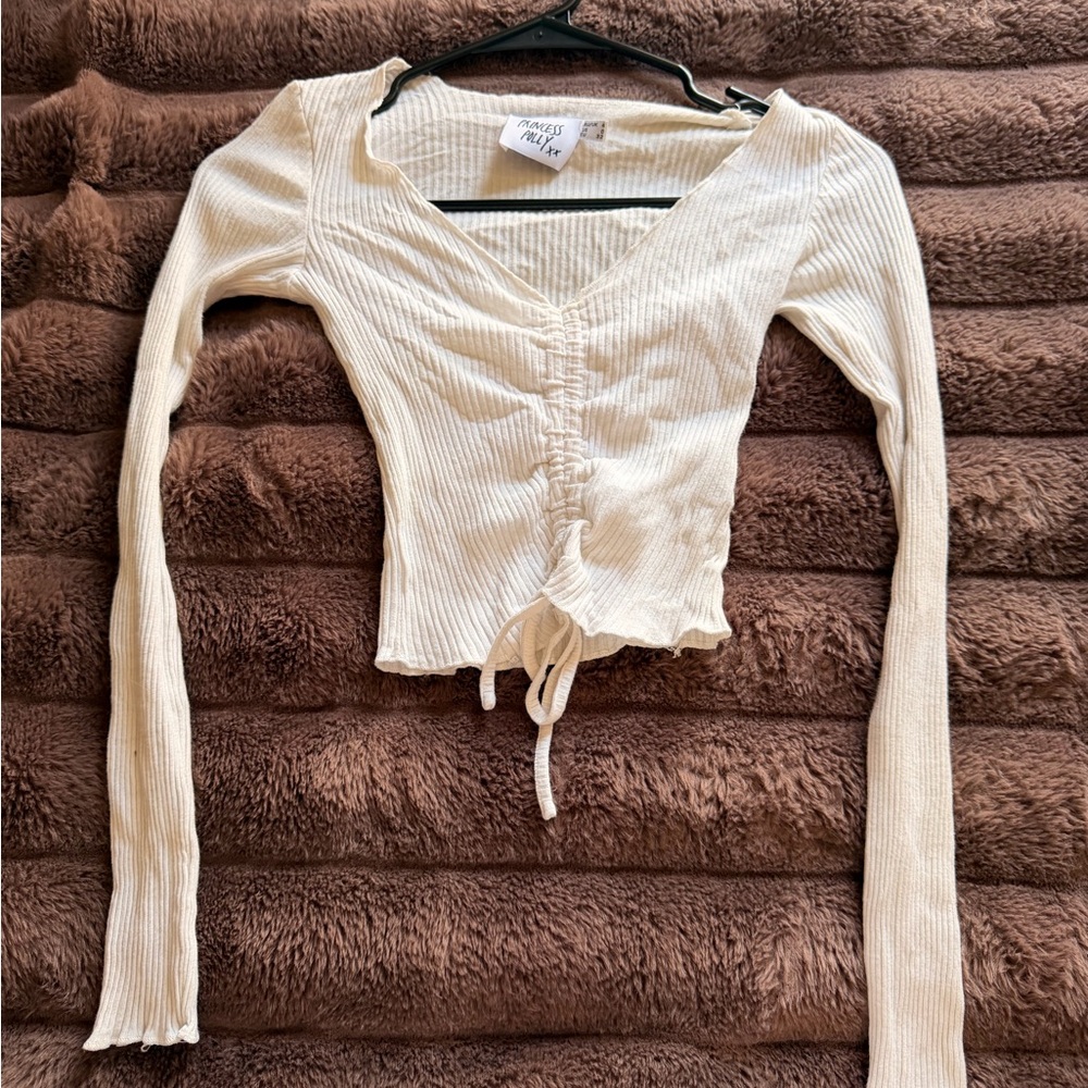 Princess Polly Cream Ribbed Drawstring Long-Sleeve Crop Top